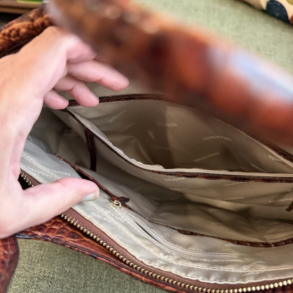 Brahmin Straw Raffia & Melbourne Embossed Leather Satchel Tote Brown Croc - Picture 7 of 13